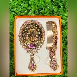 Copper Comb and Cooper Mirror with Peacock design